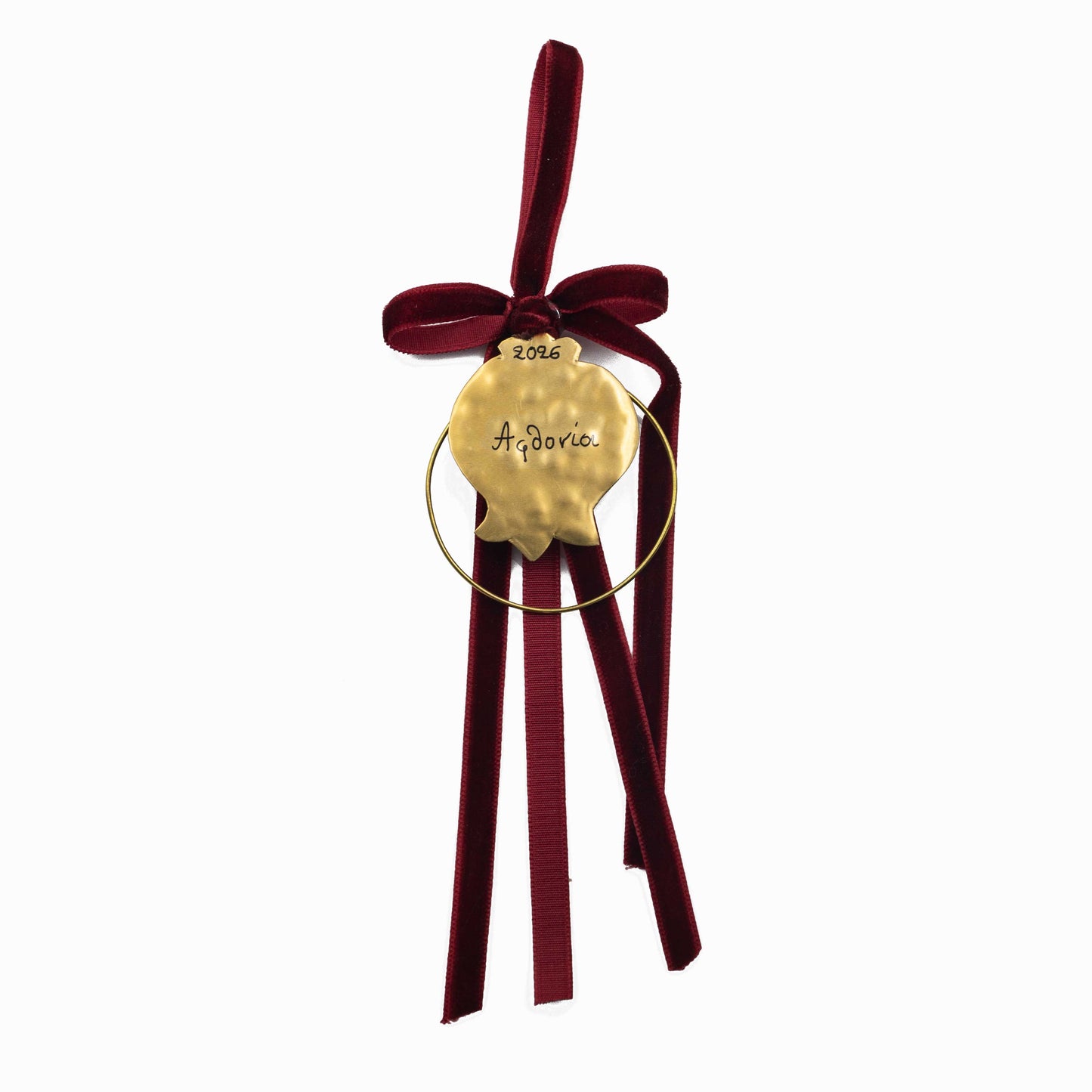 Κρεμαστό Γούρι Ρόδι 2026 – Χειροποίητο Μπρούτζινο Διακοσμητικό με Βελούδινη Κορδέλα & την Ευχή «Αφθονία» | Χριστουγεννιάτικο Δώρο Τύχης