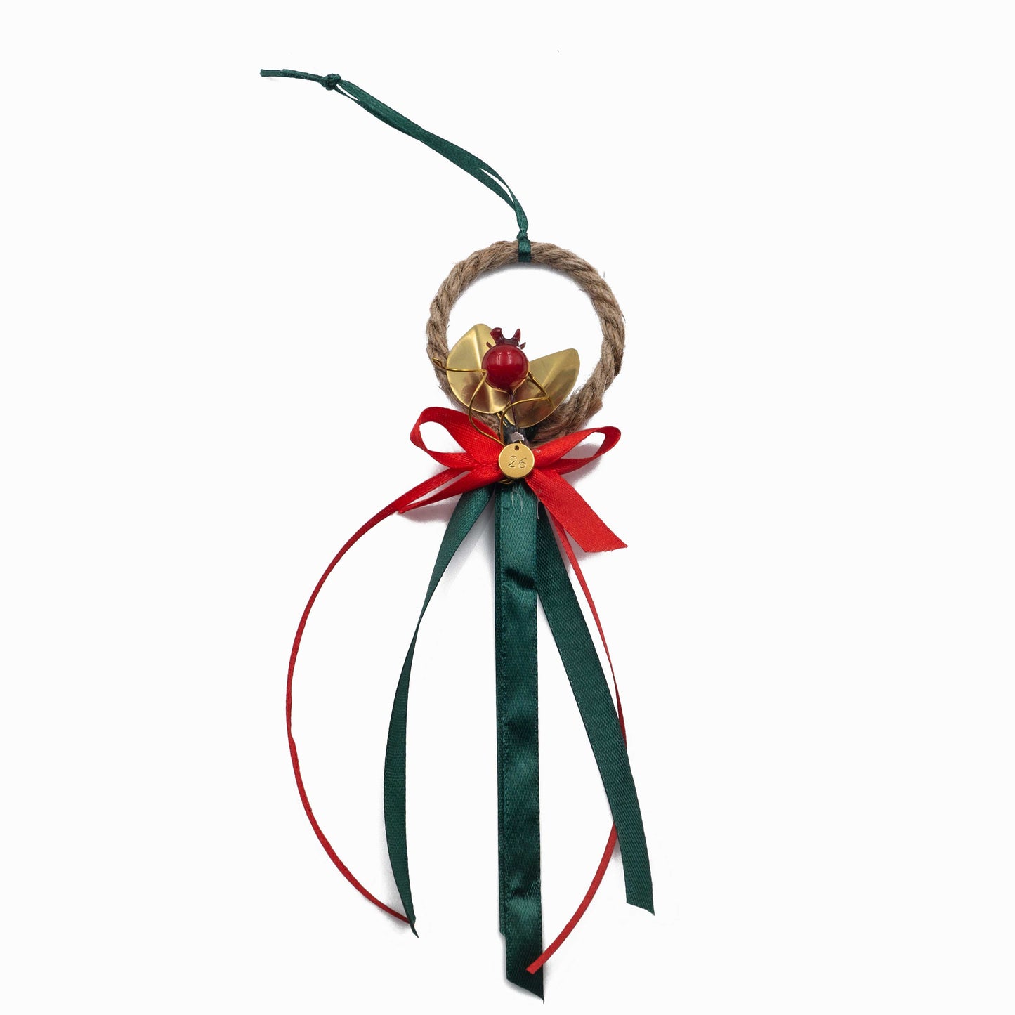 Hanging Rope Wreath Charm 2026 – Handmade Brass Leaves & Mini Pomegranate Ornament with Green–Red Ribbons | Christmas & New Year Good Luck Gift