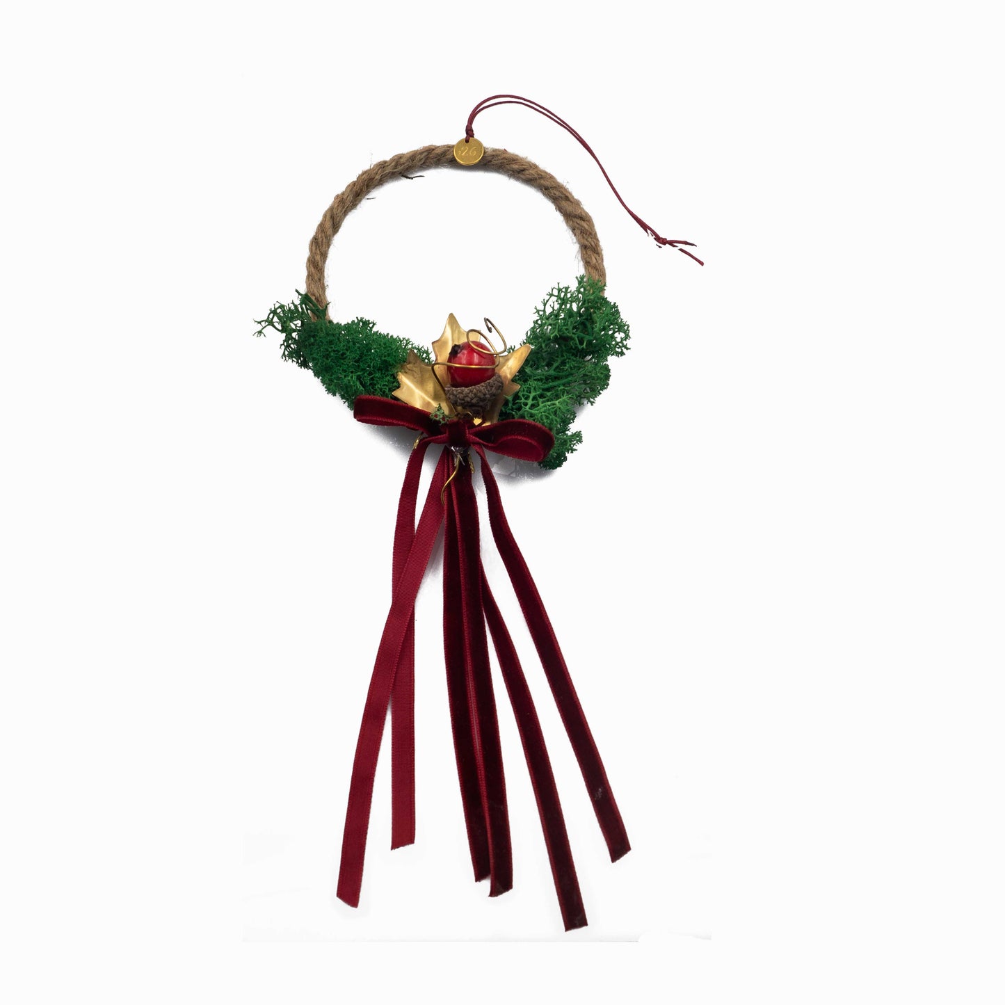 Hanging Rope Wreath Charm 2026 – Handmade Brass Maple Leaf Ornament with Red Velvet Ribbon | Christmas & New Year Good Luck Gift