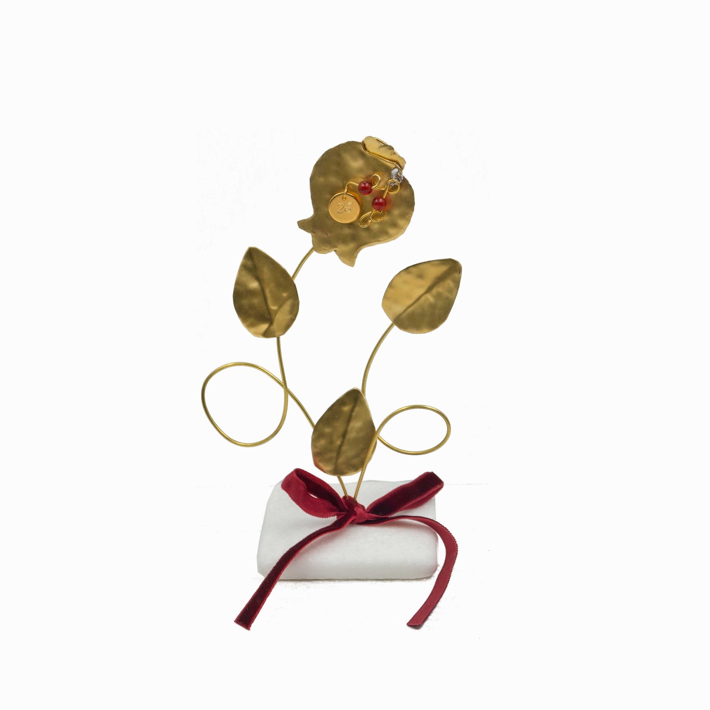 Handmade Brass Pomegranate Sculpture on Marble Base – Tabletop Christmas Charm 2026 with Red Beads & Velvet Ribbon | Art Ornament & New Year Good Luck Gift