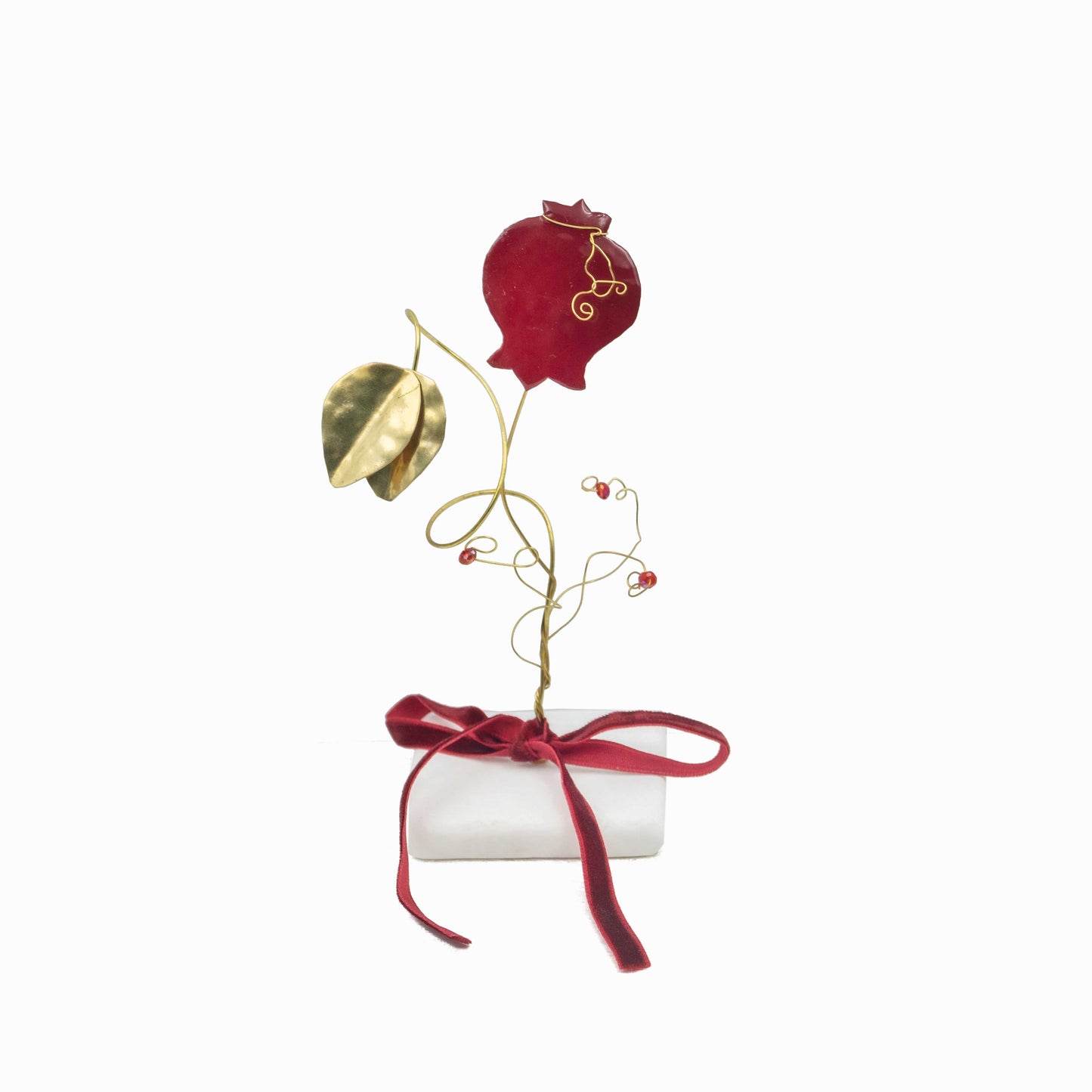 Χειροποίητο Γούρι-Γλυπτό Ρόδι από Μπρούτζο σε Μαρμάρινη Βάση – Επιτραπέζια Δημιουργία 2026 με Κόκκινες Χάντρες & Βελούδινη Κορδέλα | Καλλιτεχνικό Διακοσμητικό