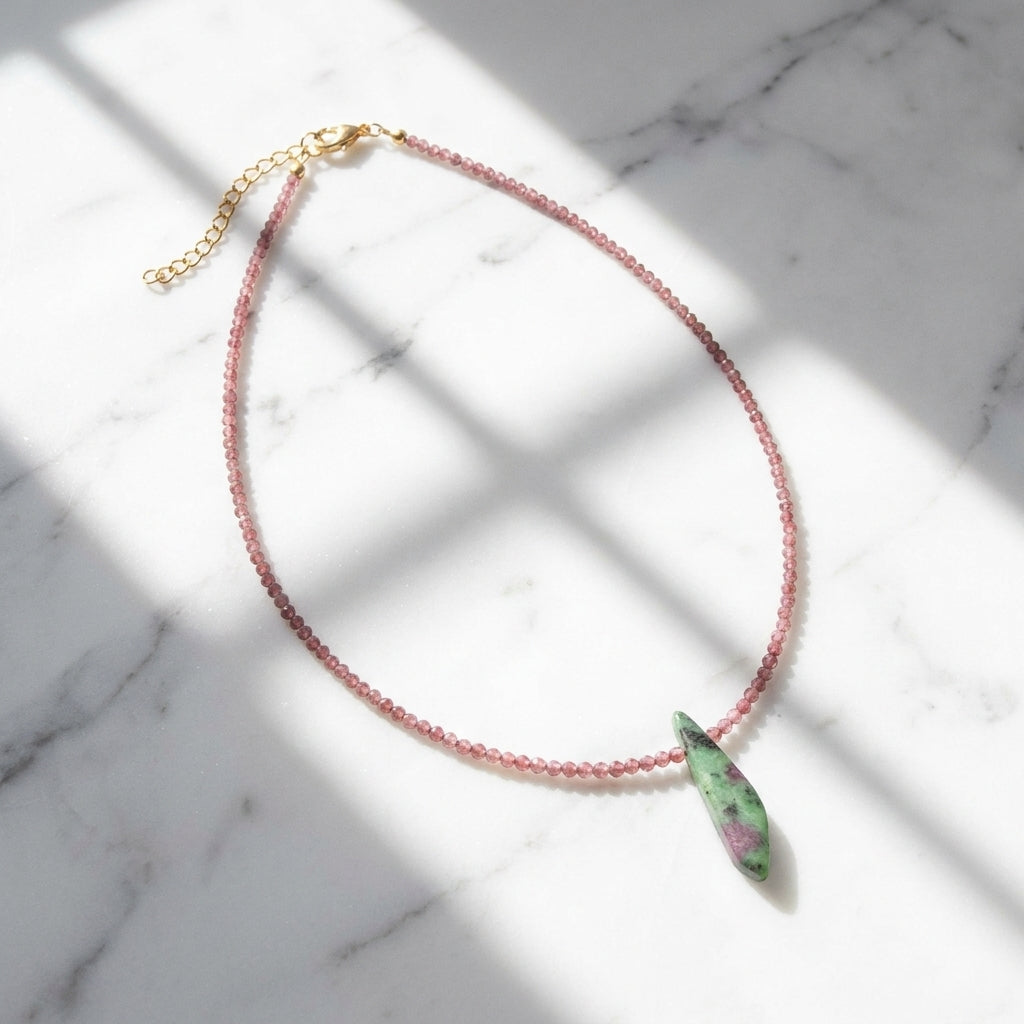 Handmade Garnet Necklace with Zoisite & Ruby Pendant – Gold Plated Stainless Steel