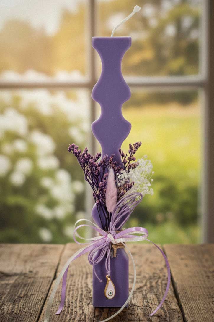 Οικολογική Λαμπάδα από Κερί Σόγιας με Χειροποίητο Κολιέ "Ματάκι" - Μωβ