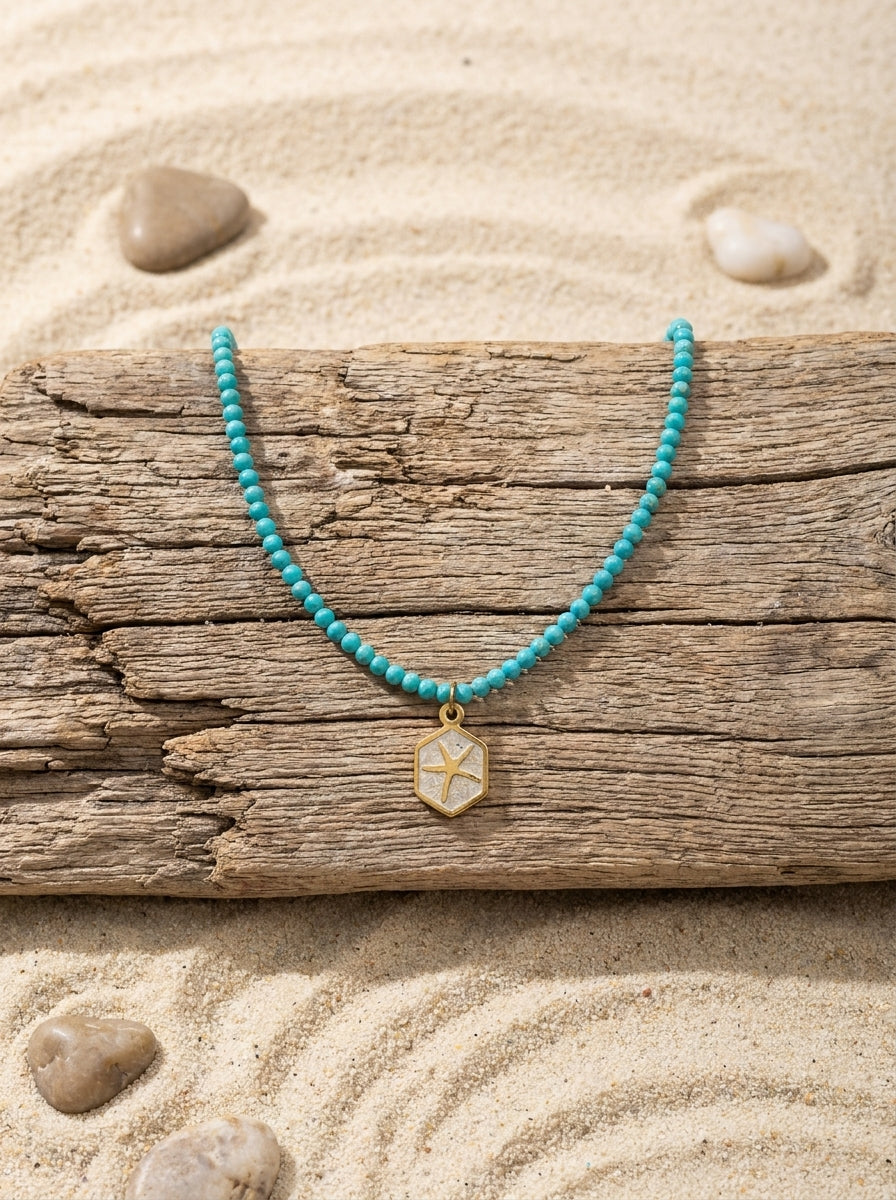 Handmade Turquoise Howlite Starfish Necklace | Gold Plated Stainless Steel | Anna Spizani
