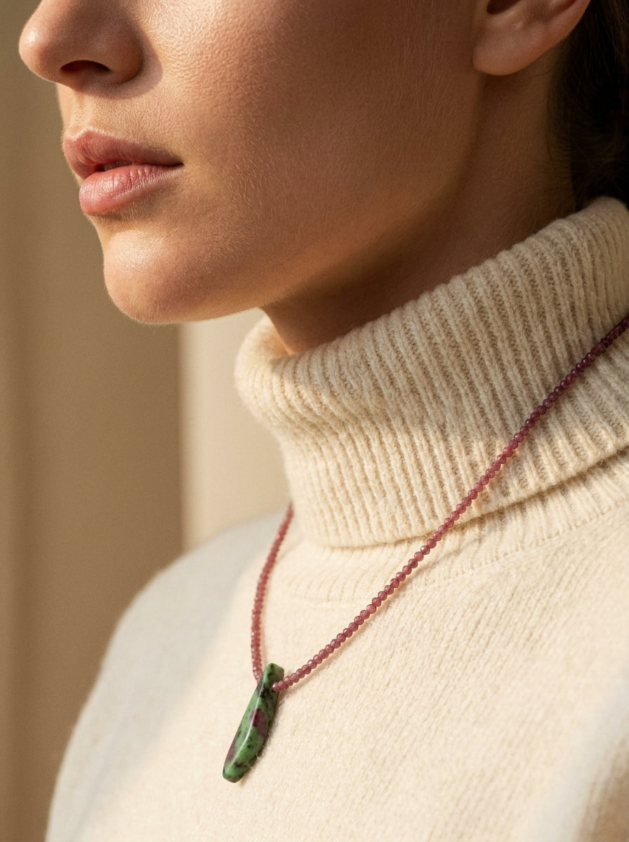 Handmade Garnet Necklace with Zoisite & Ruby Pendant – Gold Plated Stainless Steel