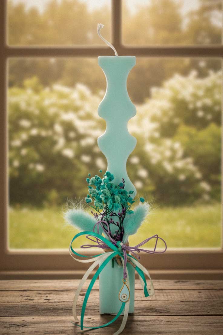 Οικολογική Λαμπάδα από Κερί Σόγιας με Χειροποίητο Κολιέ "Ματάκι" - Πετρολ