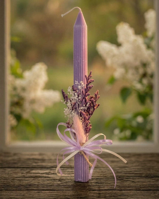 Handmade Easter Candle with Dried Flower Bouquet Purple